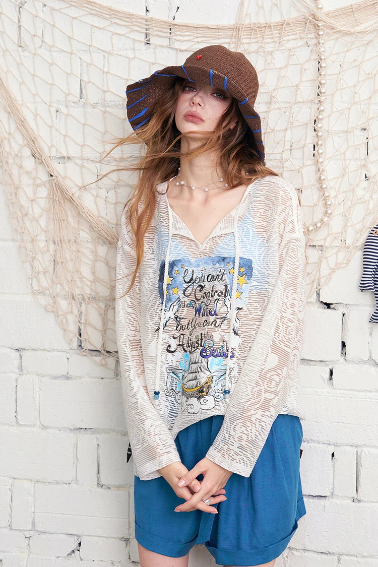 Lace Knit Sheer Long Sleeve Top, V-Neck Sailboat Print Blouse