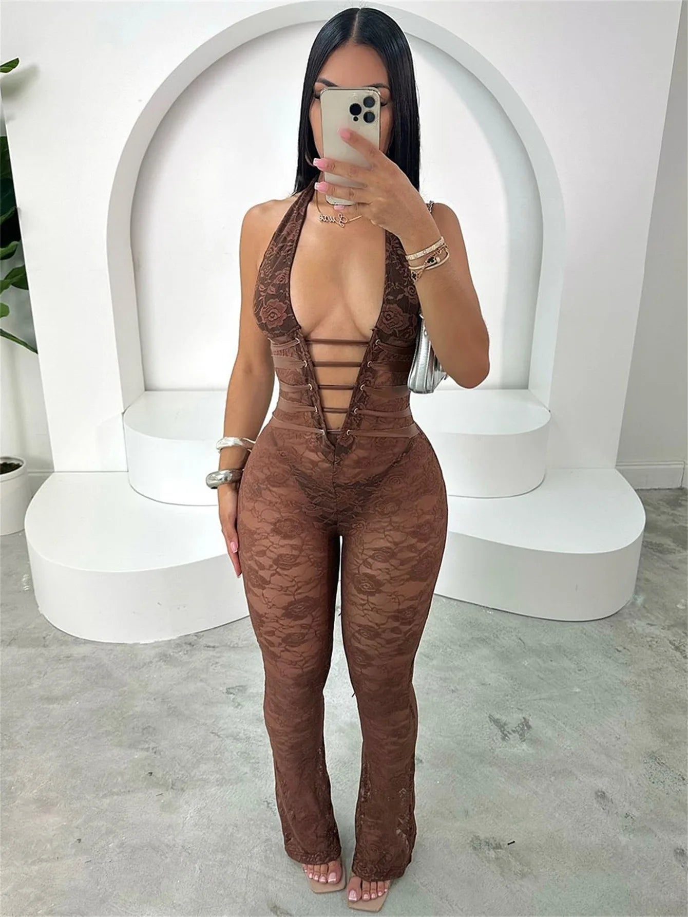 Hollow Bandage Jumpsuits Women Halter Sexy Jacquard Backless Sleeveless Skinny Street Workout Club Hipster Overalls