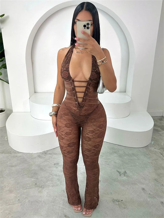 Hollow Bandage Jumpsuits Women Halter Sexy Jacquard Backless Sleeveless Skinny Street Workout Club Hipster Overalls
