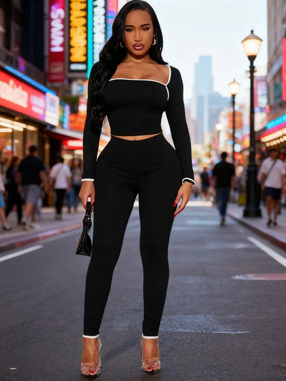 Casual Tracksuit 2-Piece Set Women White Edge Square Collar Crop Top+Leggings Fitness Stretch Slim Matching Outfits