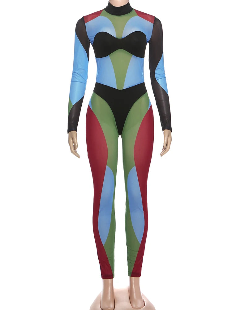 Colorful Print Jumpsuits Woman Turtleneck Full Sleeve Sexy See Through Skinny Peach Hip Hottie Street Fashion Overalls