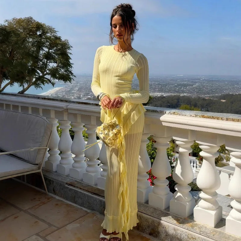 Ruffled Long Sleeve Maxi Dress Elegant Yellow Dresses for Woman Brunch Outfits Winter 2025