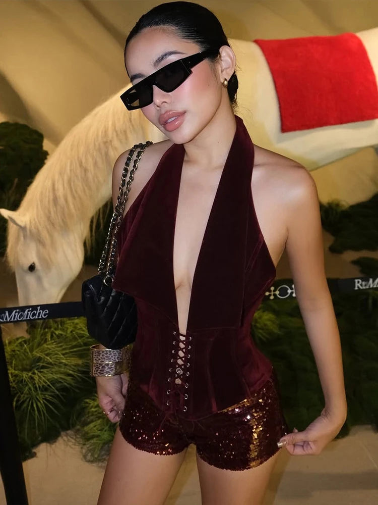 Wild Sexy 2 Piece Set Women Halter Backless Shirring Tank Top+Sequin Bike Short Trend Midnight Coquette Party Streetwear