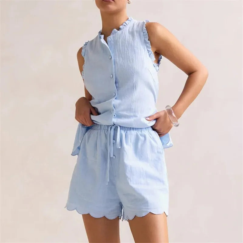 Women’s Casual 2 Piece Outfits Summer Sleeveless Ruffle Trim Tank Tops and Elastic Waist Shorts Set Vacation Beachwear