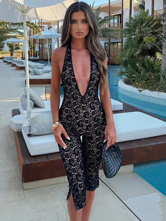Summer Lace Sexy Jumpsuit Women Playsuit Elegant Halter V Neck Sleeveless Backless Skinny Beach Club Party Jumpsuit