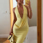 Women Halter Deep V Sexy Maxi Dress Draped Split Long Evening Party Dress Sleeveless Backless Wedding Guest Dresses