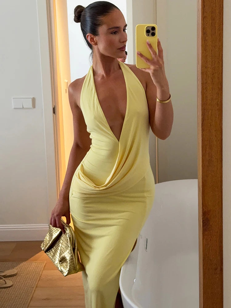Women Halter Deep V Sexy Maxi Dress Draped Split Long Evening Party Dress Sleeveless Backless Wedding Guest Dresses