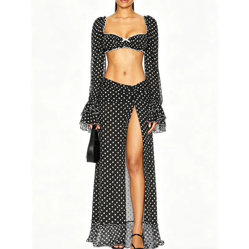 Women 2Piece Outfits Flare Long Sleeve Sweetheart Neck Dot Print Crop Tops and High Slit Long Skirt Set Summer Beachwear