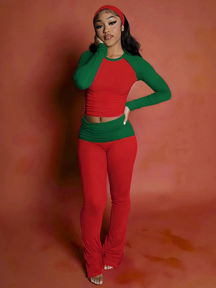 Christmas Party 2Piece Set Woman Contrast Patchwork o-Neck Full Sleeve Crop Tops+High Waist Long Pant Casual Fashion Suit