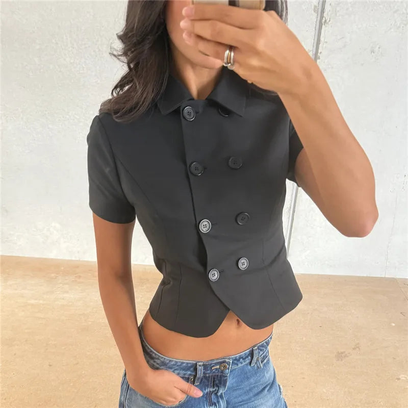 Short Sleeve Lapel Collar Asymmetrical Hem Slim Fit Blouse Women Double Breasted Crop Top Y2K Casual Office Work Shirt