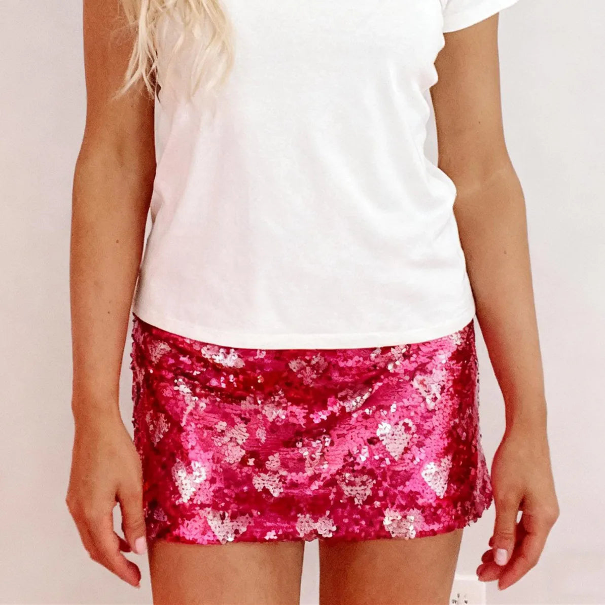 High Waist Sequins Heart Print Summer Skirt Women Y2K Sparkly Festival Mini Skirt Streetwear for Rave Club Party