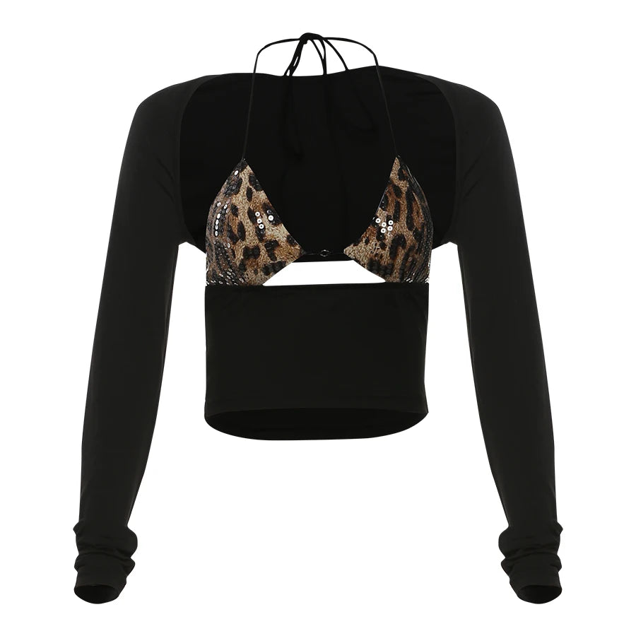 Sexy Hipster 2 Piece Set Women Halter Bandage Leopard Print Bar+Hollow Stretch Solid Long Sleeve Crop Tops Trend Suit