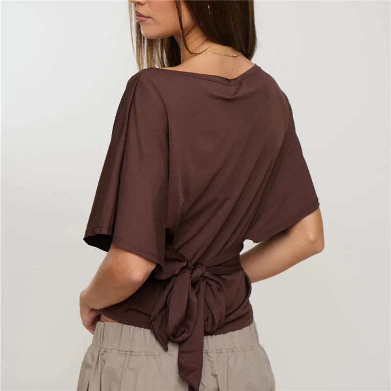 Women Boat Neck Off Shoulder Flutter Short Sleeve Crop Top Back Self Tie Wrap Waist Slim Ruched Y2K Casual Blouse