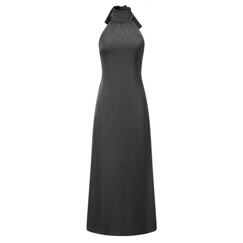 Women Satin Halter Maxi Dress Backless Long Tie Back Elegant Black Mermaid Formal Gown Wedding Guest Party Dress