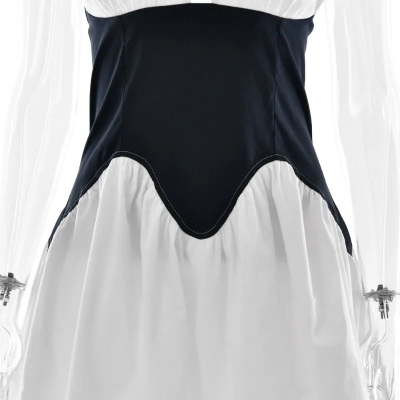 Deep V Neck Backless A-line Short Dresses French Elegant Sexy Patchwork White Summer Dress Womans Clothes