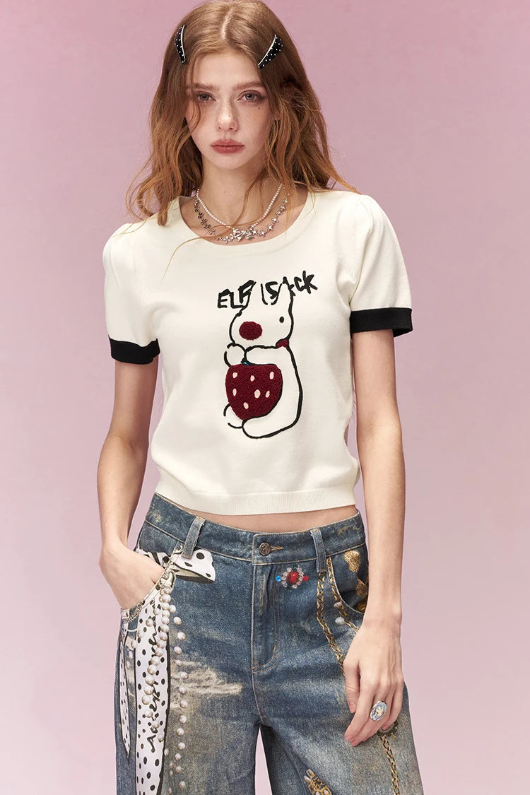 Cute Embroidered Crop Top for Women, Cartoon Knit T-Shirt with Black Cuffs, Perfect for Street Style & Casual Outfits
