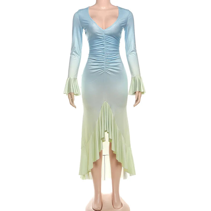 Gradient Blue Print V Neck Long Sleeve Dresses for Woman Fall 2025 Elegant Wedding Party Dress