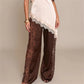 Women's Satin Wide Leg Trousers Lace Patchwork High Waisted Drawstring Lounge Pants Elegant Loose Fit Bottoms