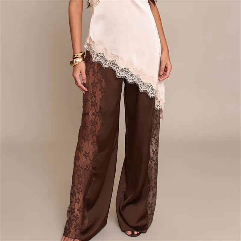Women's Satin Wide Leg Trousers Lace Patchwork High Waisted Drawstring Lounge Pants Elegant Loose Fit Bottoms