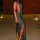 Elegant Halter Backless Dress Women Deep V-Neck Sleeveless Slit Irregular Party Banquet Activity Stretch Clubwear