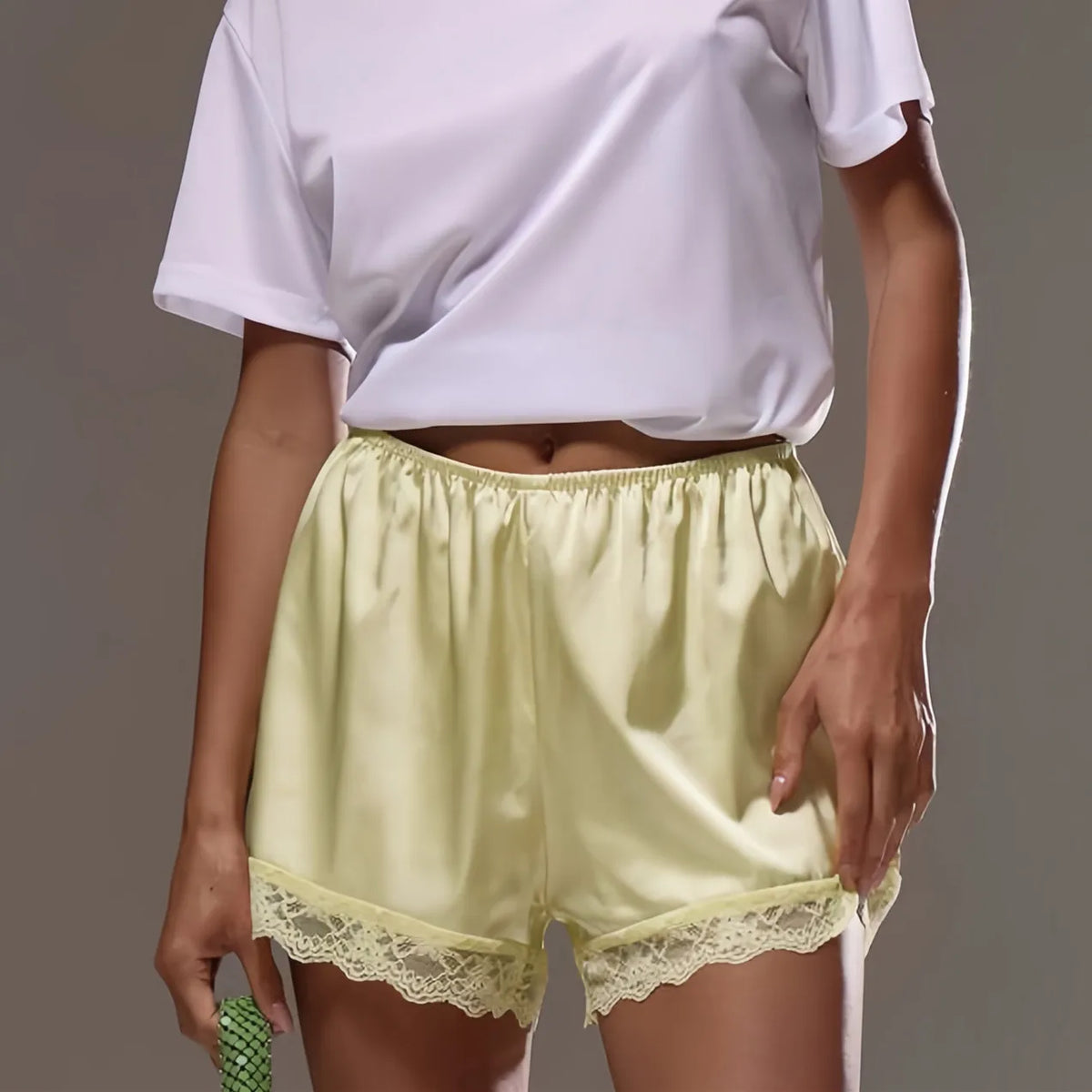 Lace Trim Satin Shorts for Women Silky Elastic Waist Mini Shorts Casual Lounge French Knickers Slip Boxer Pj Bottoms