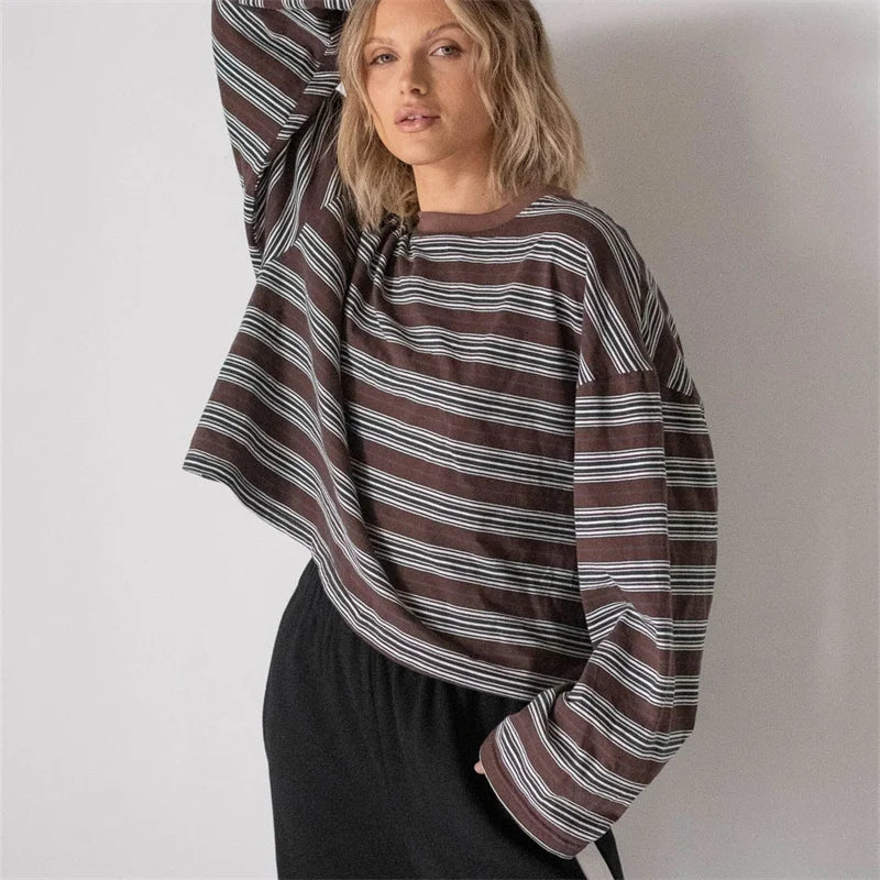 Women Y2k Striped T-shirt Basic Long Sleeve Crew Neck Loose Fit Ladies Fall Spring Casual Tee Top Streetwear