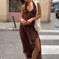 Women Halter Deep V Neck Sexy Midi Dress Ruched Bust Waist Bodycon Long Dress Elegant Club Vacation Party Dress
