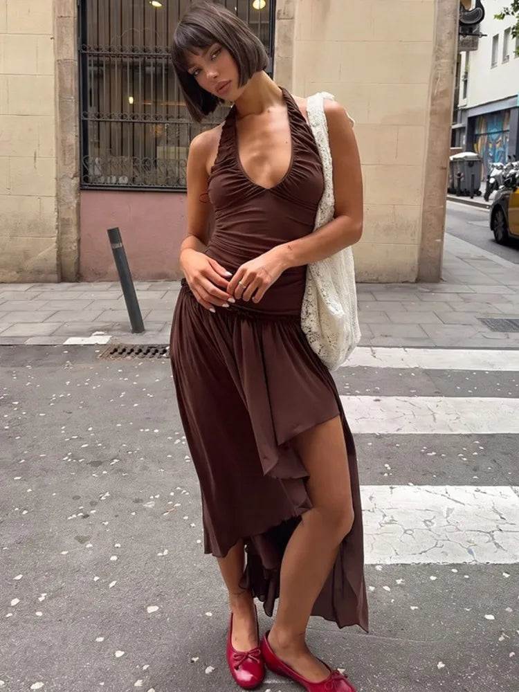 Women Halter Deep V Neck Sexy Midi Dress Ruched Bust Waist Bodycon Long Dress Elegant Club Vacation Party Dress