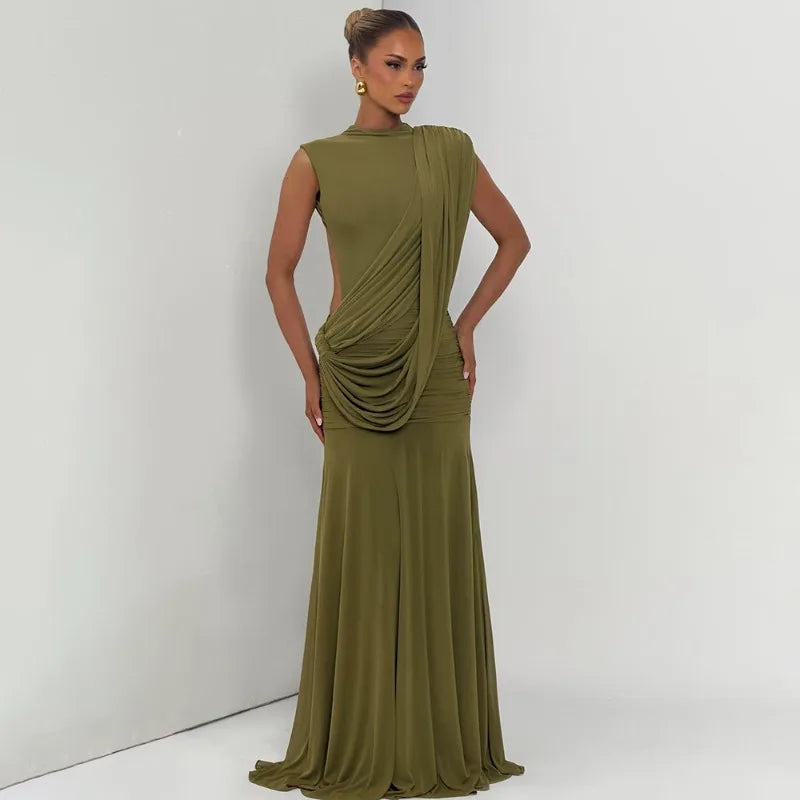 Mesh Draped Sash Sleeveless Open Back Maxi Dress Elegant for Woman Wedding Guest Party Dresses