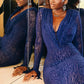Leopard Print Mesh Sheer Blue Dresses Elegant Woman for Party Deep V Neck Long Sleeve Maxi Dress