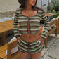 Korean Y2K Striped Crochet 2 Piece Set Long Sleeve Knit Crop Top and Drawstring Shorts for Cozy Vacation Beachwear