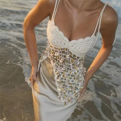 Women's Summer Slim Knit Camisole Tie-up Spaghetti Strap V-Neck Split Hem Cutout Sequin Tank Tops Y2K Streetwear