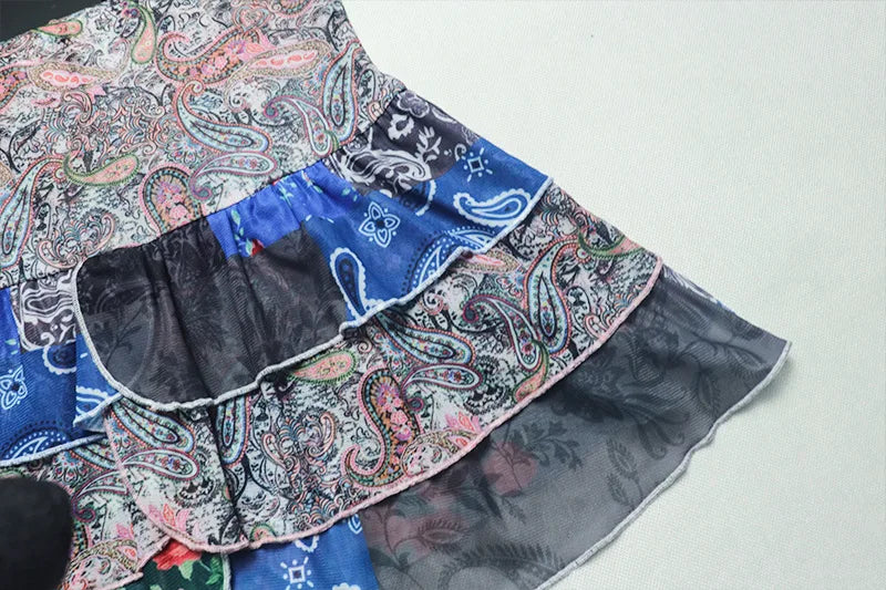 Colorful Print Dress Women Halter Backless Sleeveless Ruched Ruffles Tierred Vacation Beach Party Trend Mini Bodycon