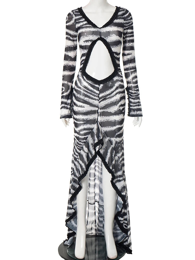 Agaric Patchwork Dress Women See Through Full Sleeve Hollow Zebra Print Full Sleeve Midnight Coquette Club Vestidos
