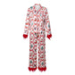 Cute Christmas Women Silky Satin Pajama Set Feather Trim Cuff Long Sleeve Lapel Top Long Pants Xmas Print Sleepwear