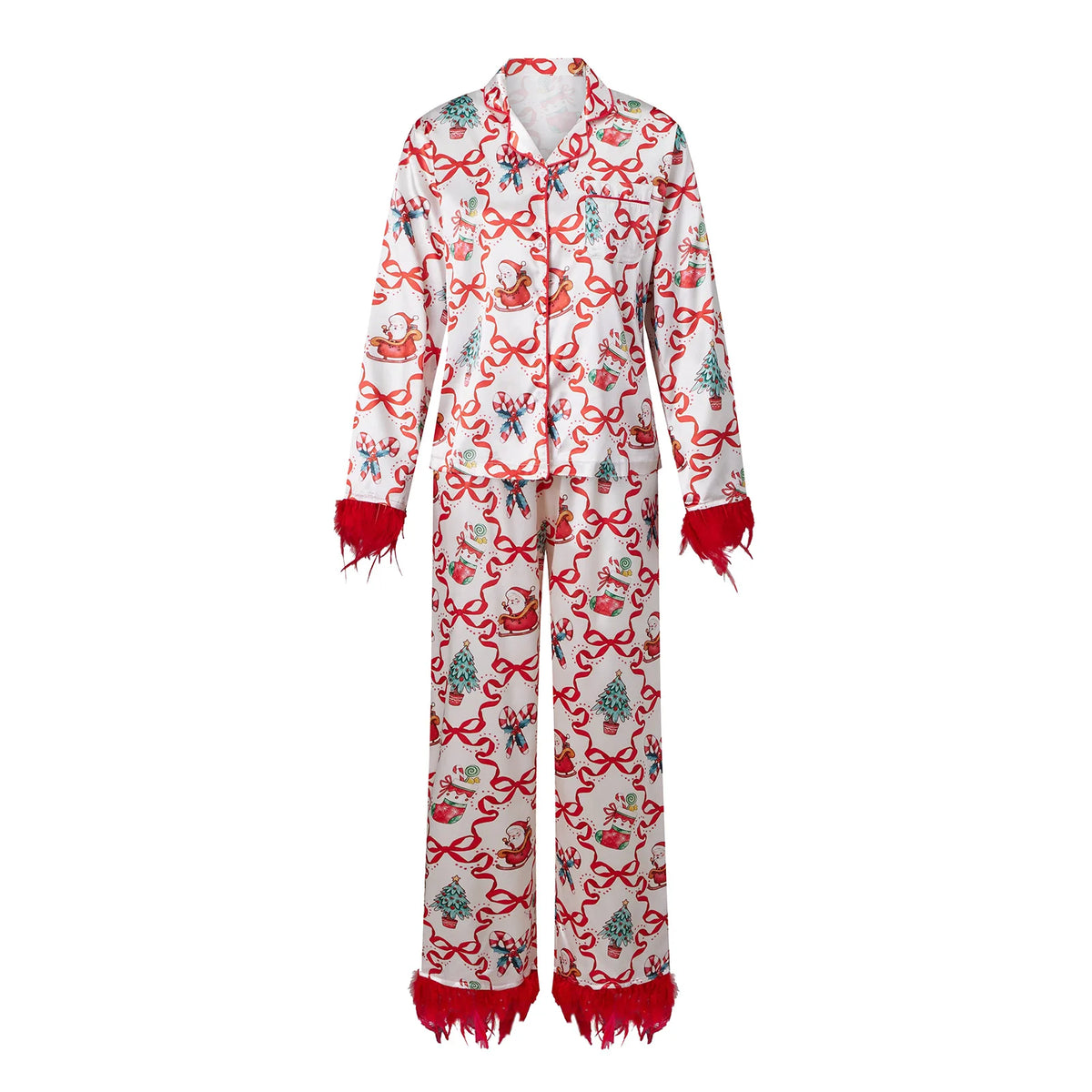 Cute Christmas Women Silky Satin Pajama Set Feather Trim Cuff Long Sleeve Lapel Top Long Pants Xmas Print Sleepwear