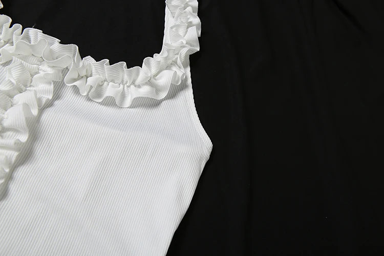 Ribbed Casual 2 Piece Set Women Ruffles Square Collar Backless Tank Tops+Skinny Shorts Versatile Style Trend Outfits