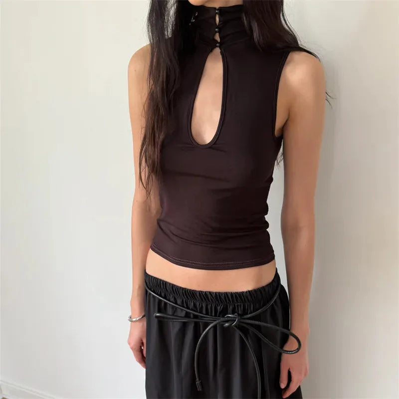 Keyhole Cutout Tops for Women Y2K Mandarin Collar Shirt Sexy Fitted Hollow Out Tank Summer Fashion Going Out Tops