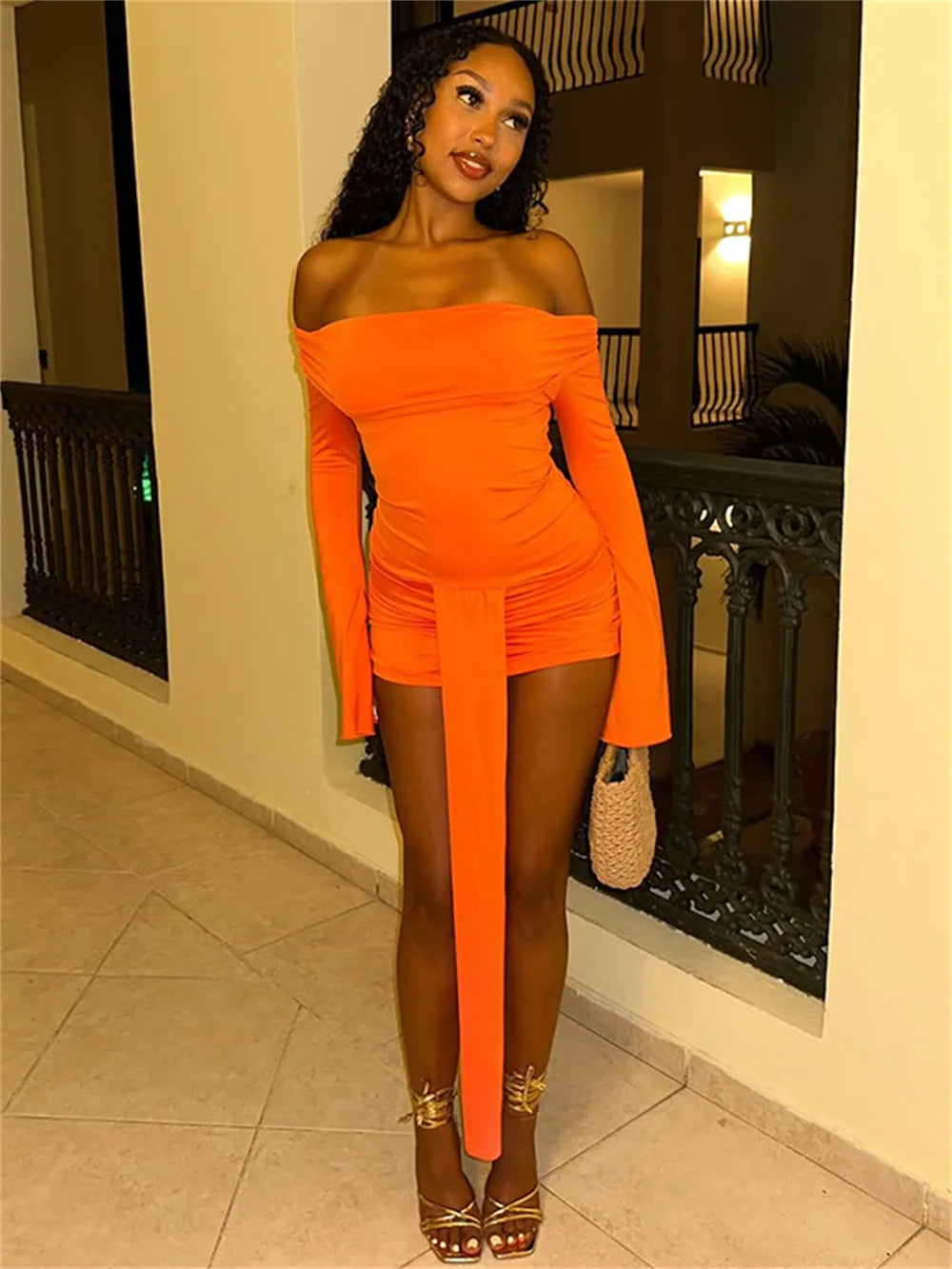 Slash Neck Lace Up Dress Women Elegant Solid Stretchy Long Flare Sleeve Autumn Party Midnight Club Skinny Bodycon