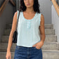 Women Ruffle Trim Sleeveless Cropped Tank Top U‑Neck Pleated Half Button Blouse Vintage Summer Casual Daily Vest Tops