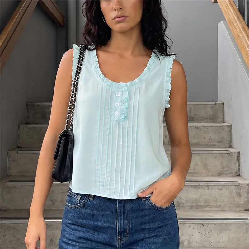 Women Ruffle Trim Sleeveless Cropped Tank Top U‑Neck Pleated Half Button Blouse Vintage Summer Casual Daily Vest Tops