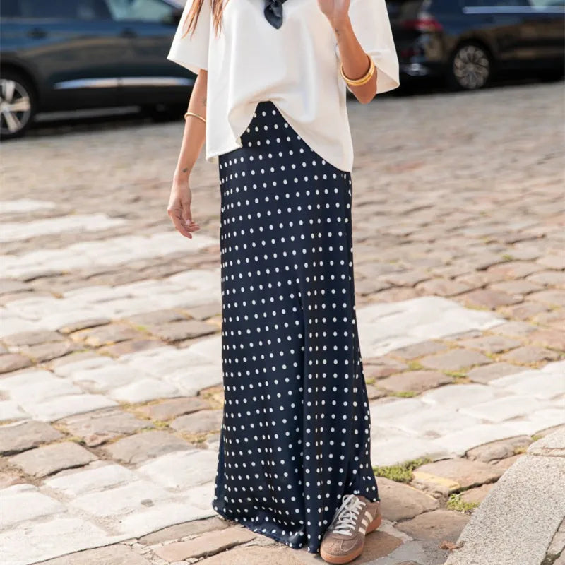 Women Polka Dot Maxi Skirt Elegant Ladies Bodycon A Line Flare Long Skirts Cute Print Flowy Maxi Satin Skirt Dress