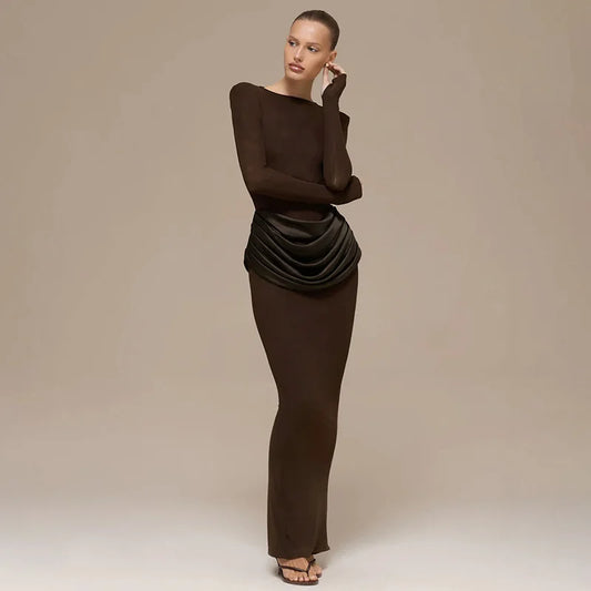 Draped Long Sleeve Slit Maxi Dresses for Woman Party Evening Elegant Dress Brown Burgundy