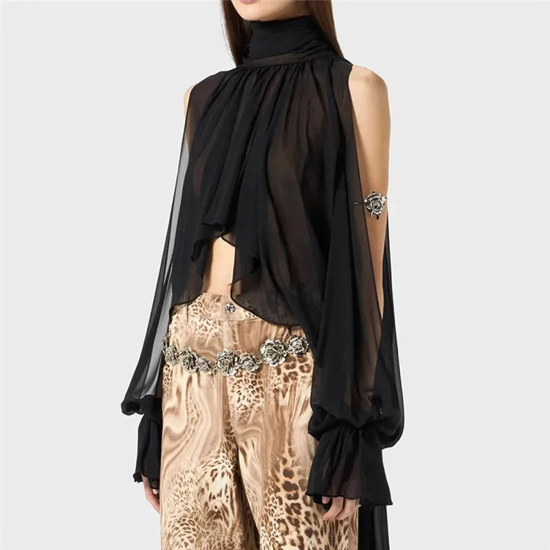 Chic Halter Neck Chiffon Blouse for Women Tie Back Asymmetrical Hem Flare Sleeve Sheer Mesh Top Casual Summer Party Club