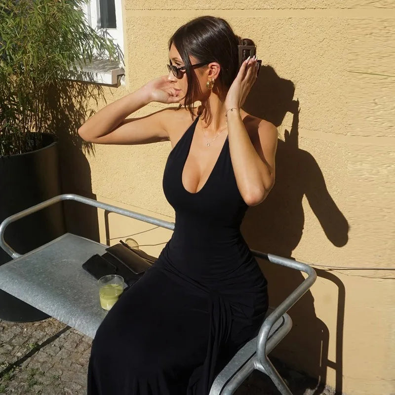 Halter Neck A-line Long Dresses Sexy Elegant Black Dresses for Woman Clothing