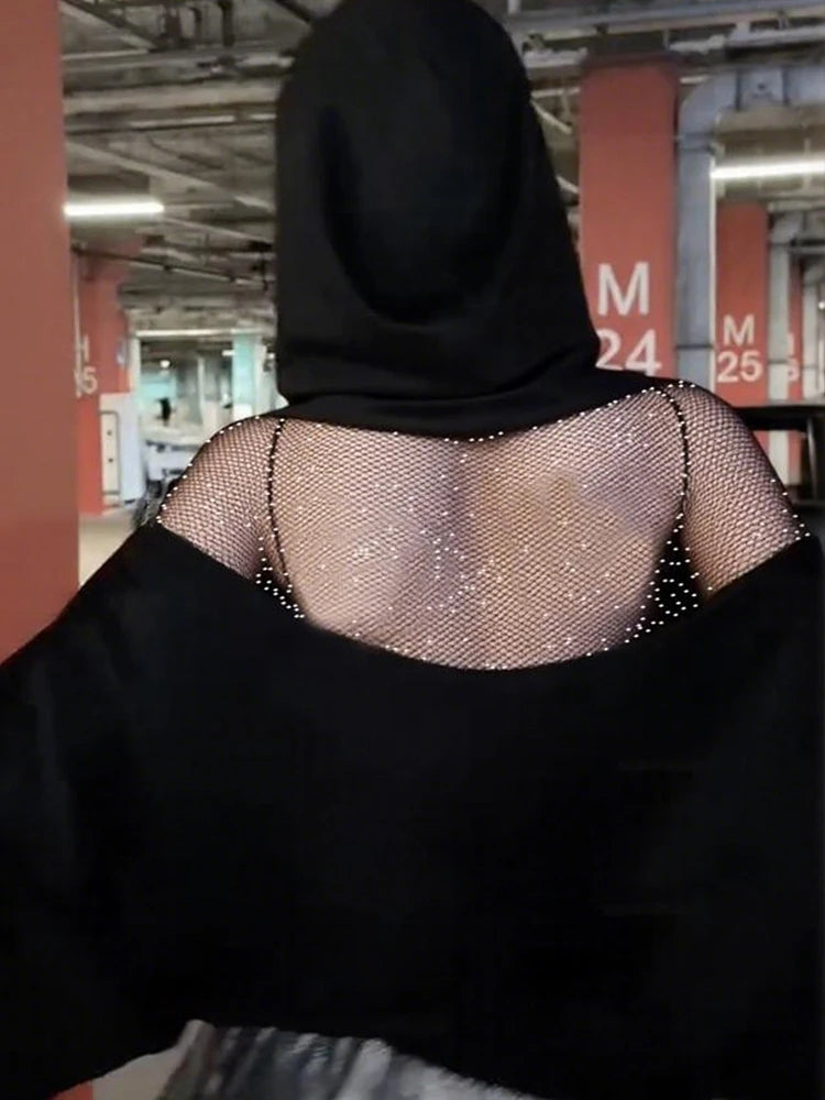 Backless Hooded Pullover Woman Zip Mesh Patchwork Design Full Sleeve High Street Casual Fashion Simple Style Classic Tops