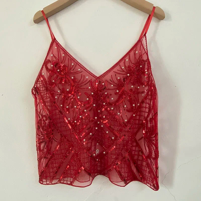 Bling Sequined Tanks Tops Women Sexy Beaded Work Mesh Tops Chic Women Sparkly Cami Vest Femme Summer Streetwear