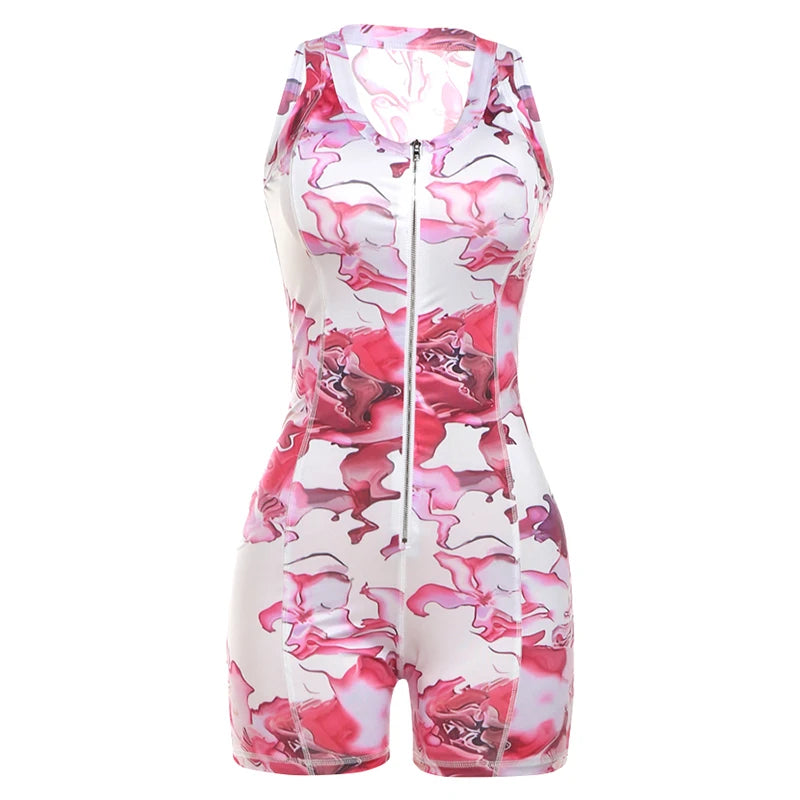 Flower-Print Zipper Romper Woman Y2K Summer Sexy Bodyshape Sleeveless Chic Streetwear Fashion Trend Skinny Playsuit