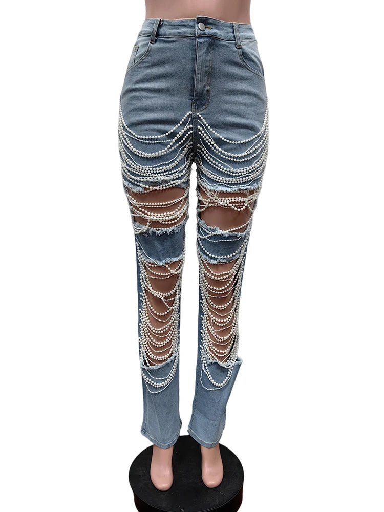 Hollow Sexy Denim Pants Women Sexy Autumn Hipster Holes Pearl Tassels Loose Wild Basic Streetwear Midnight Trousers