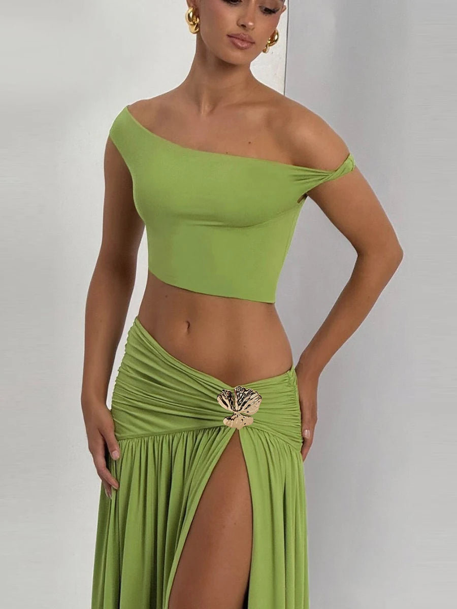 Sexy Y2K Women 2 Piece Set Elegant Skew Collar Crop Tops+Pleated Metal Buckle Maxi Skirts Party Midnight Clubwear